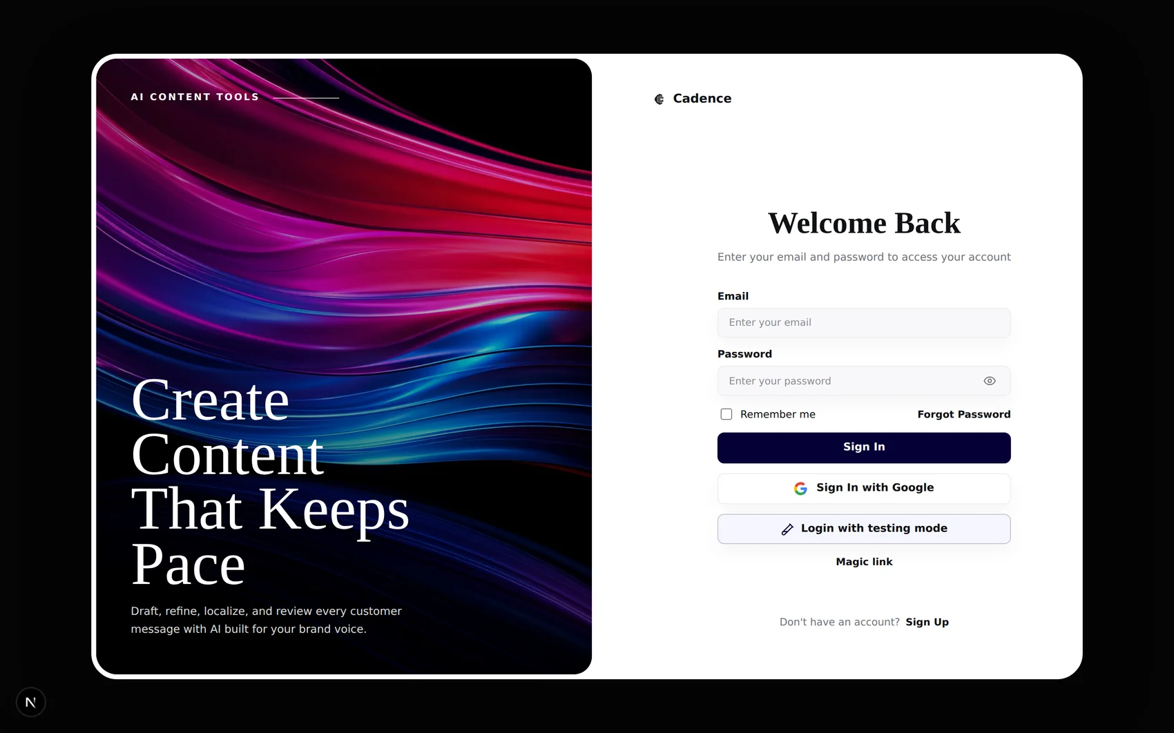 Cadence sign-in page with brand artwork panel and sign-in form