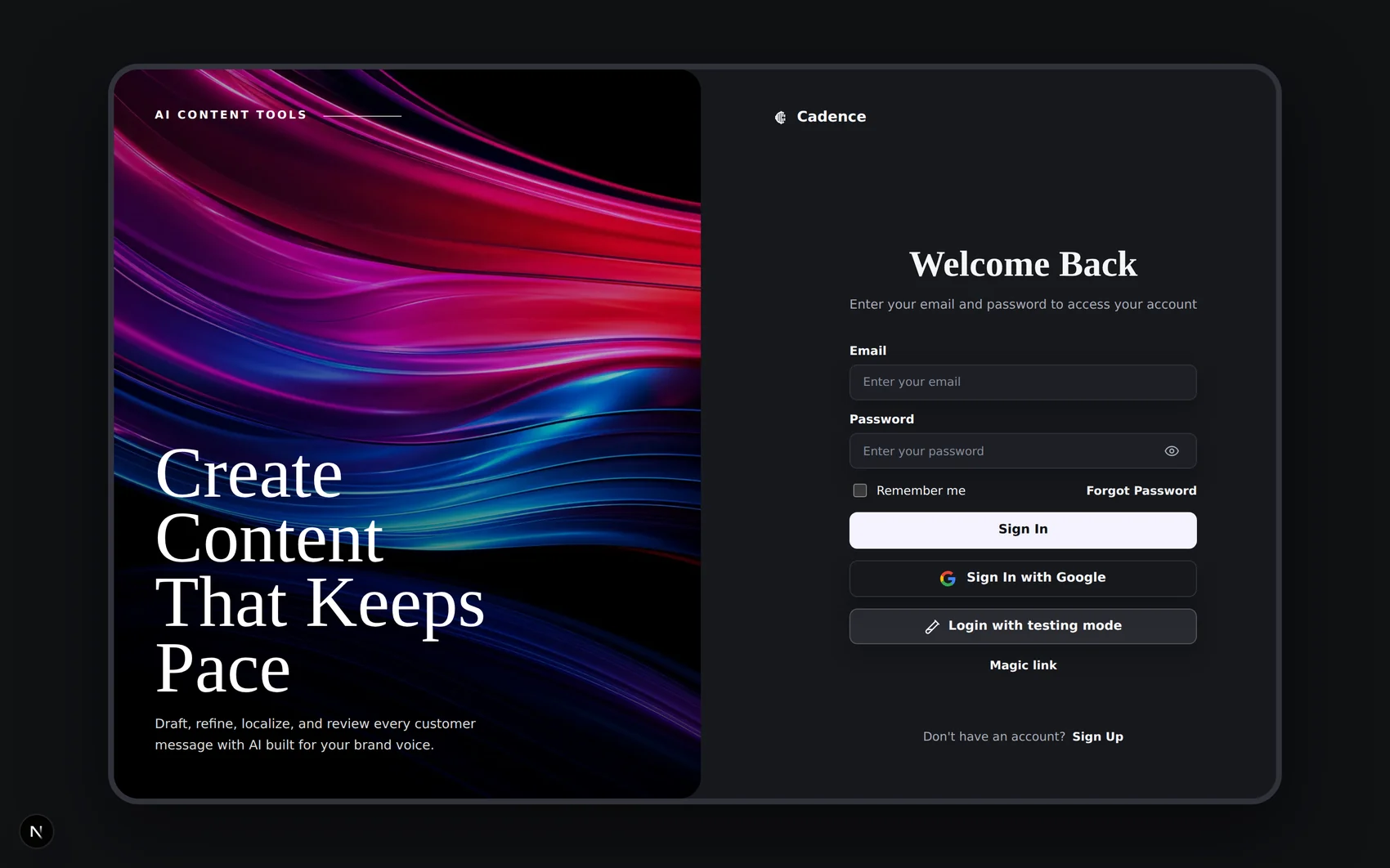 Cadence sign-in page in dark theme