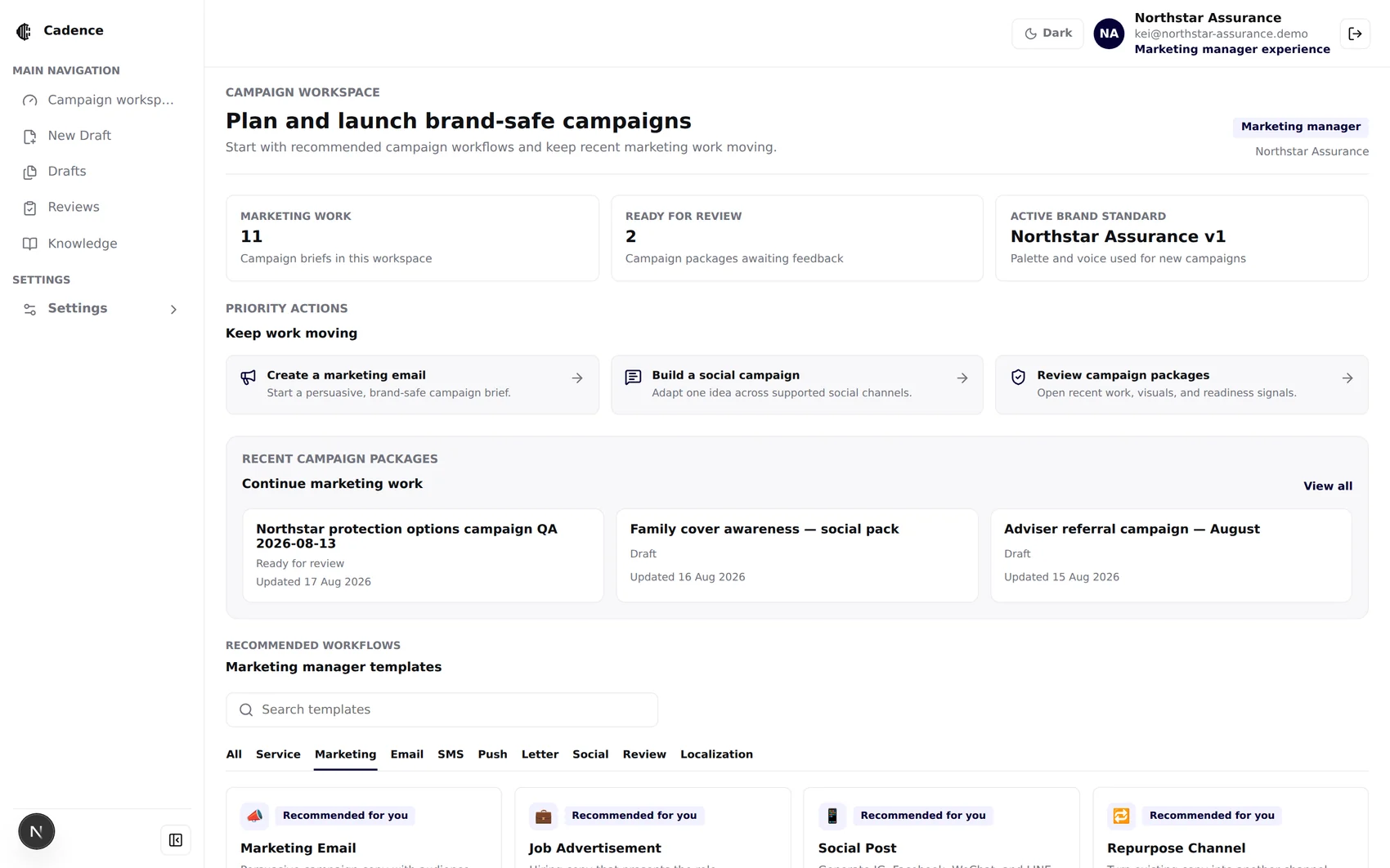 Marketing manager campaign workspace with campaign metrics and recent campaign packages