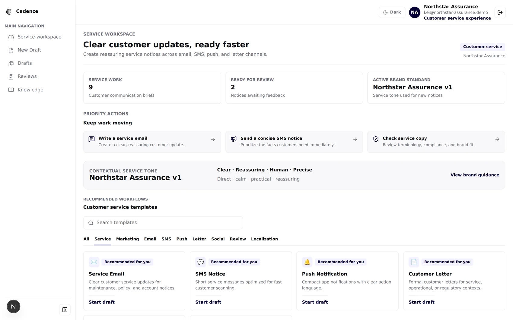 Customer service workspace with service metrics and contextual service tone from the active brand