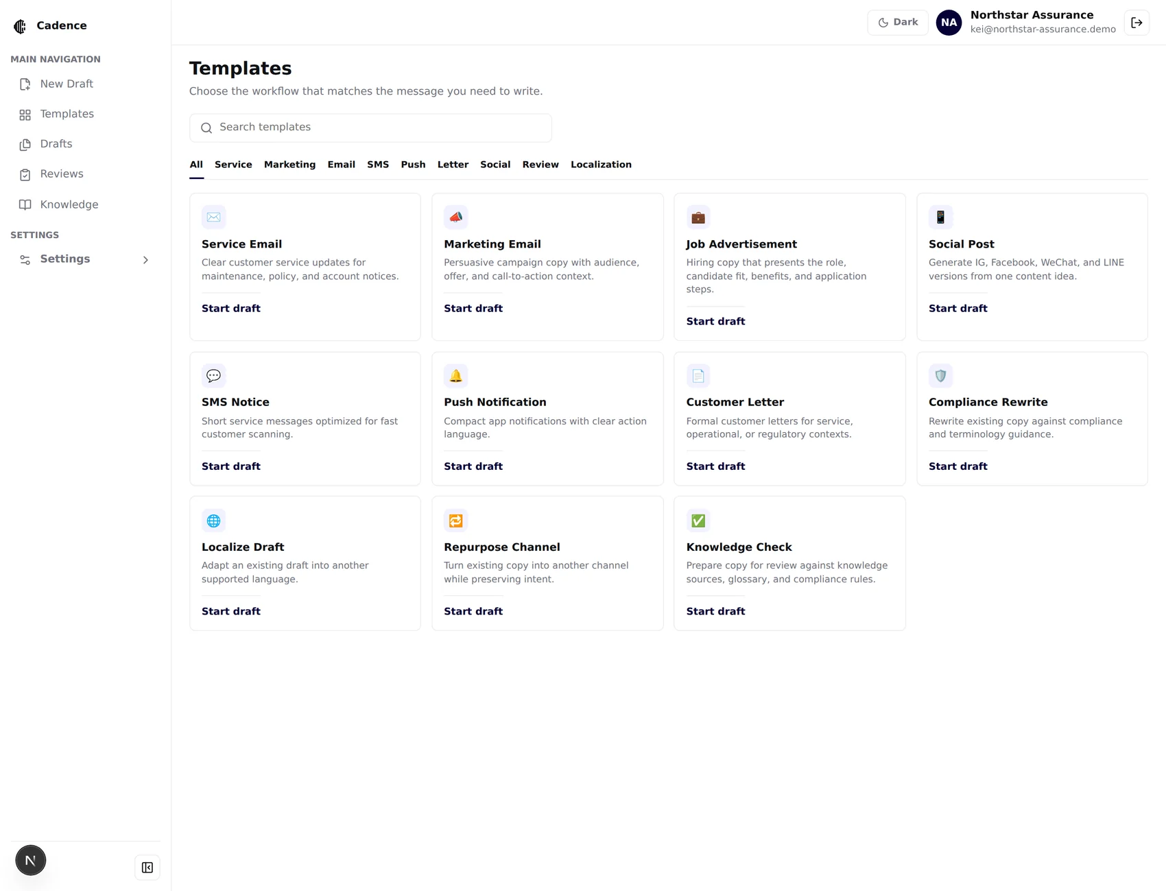 Cadence template hub showing all eleven templates in a grid with category tabs and search