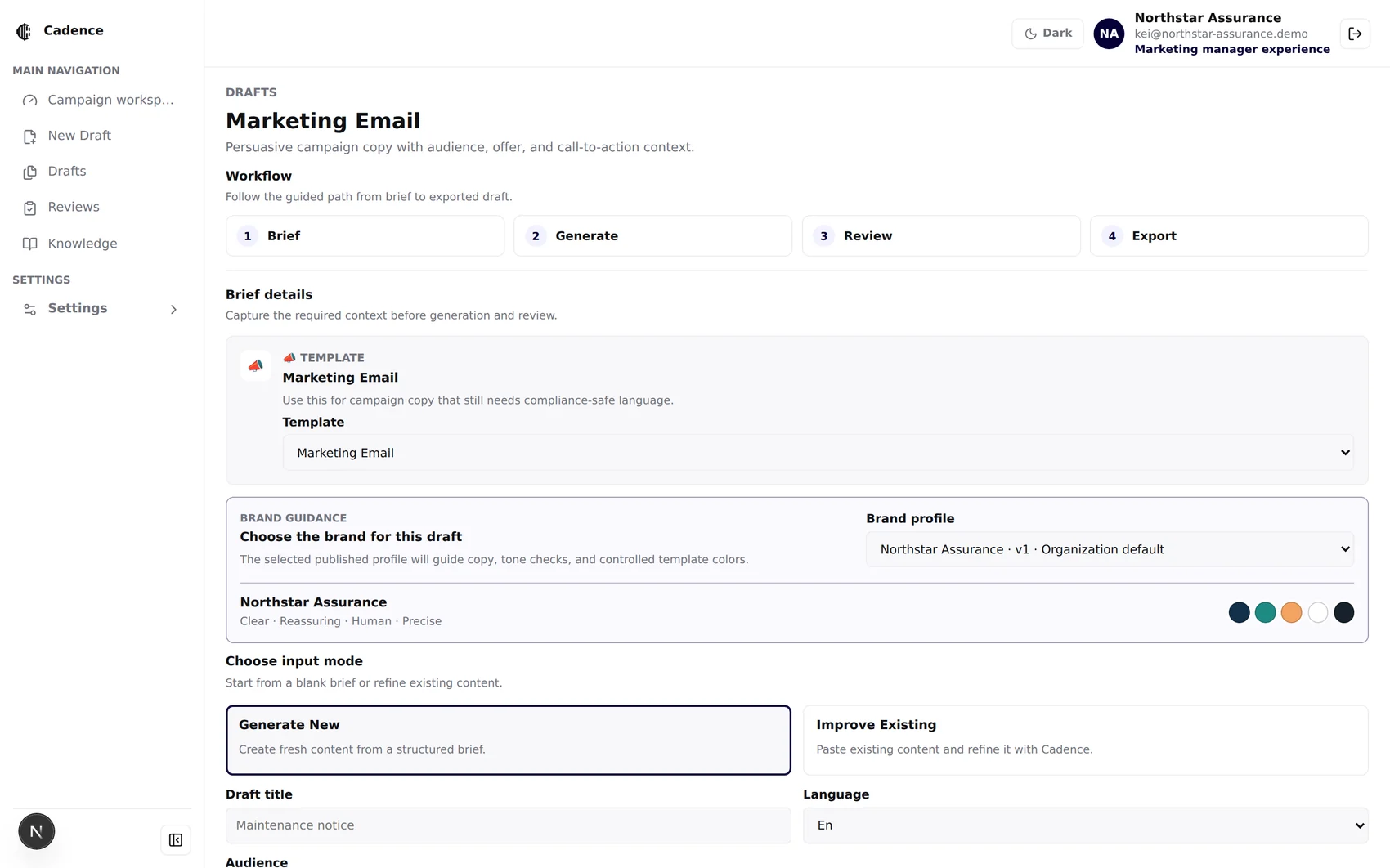 New draft brief form with workflow steps, template picker, brand profile selector and input mode