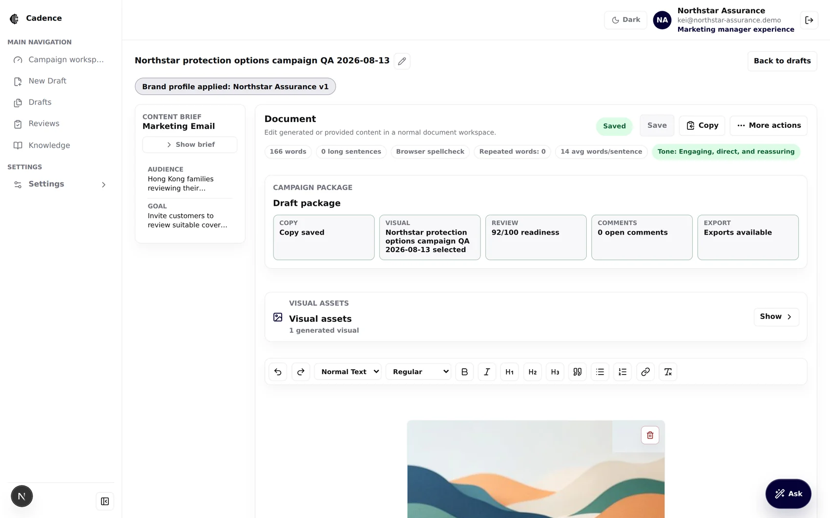 Draft workspace with brand profile applied chip, writing metrics, tone chip, campaign package tiles and the generated marketing email