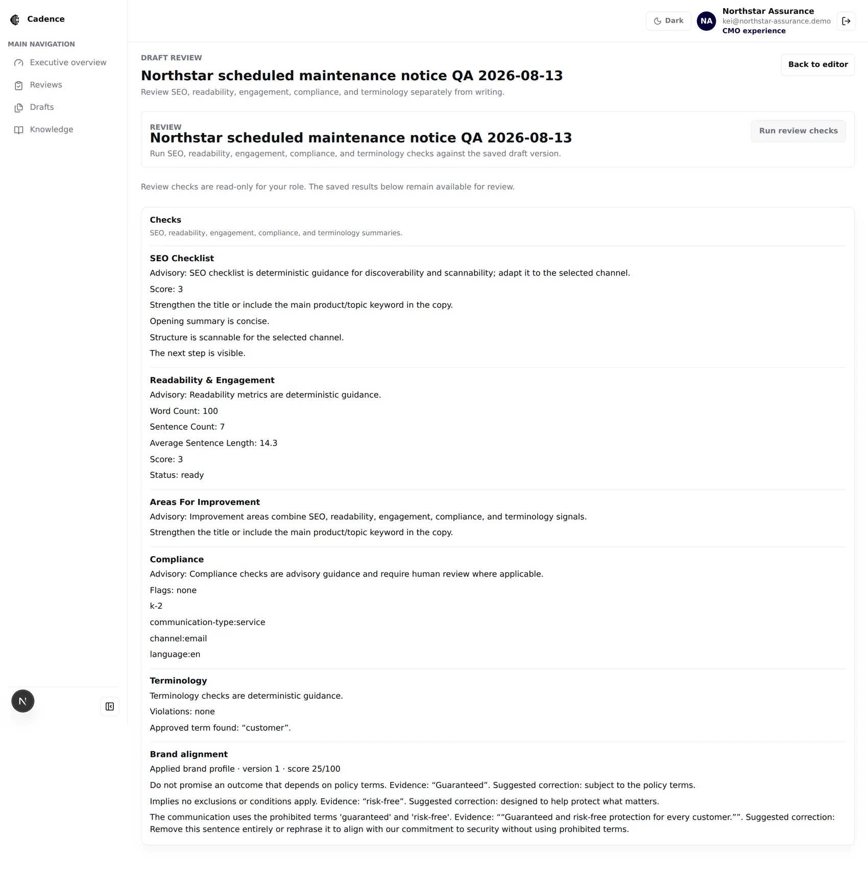 Full review page with SEO checklist, readability and engagement, areas for improvement, compliance, terminology and brand alignment