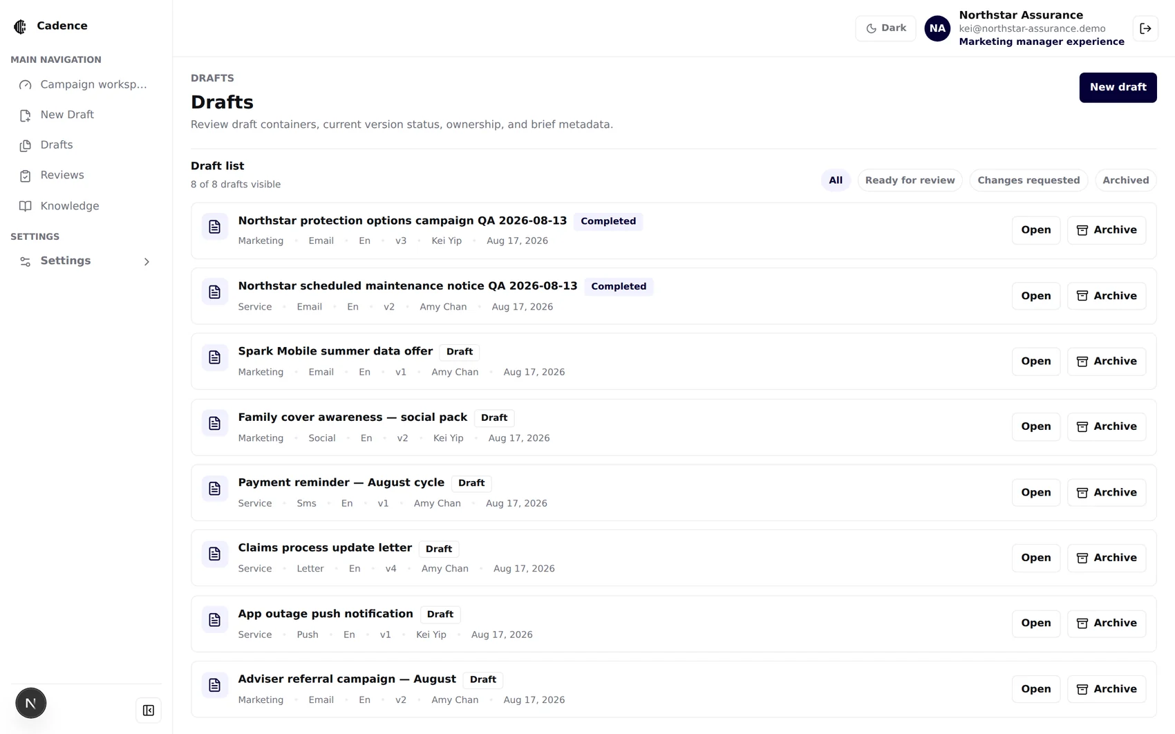 Drafts list with status chips, owner, channel, current version number and per-row actions