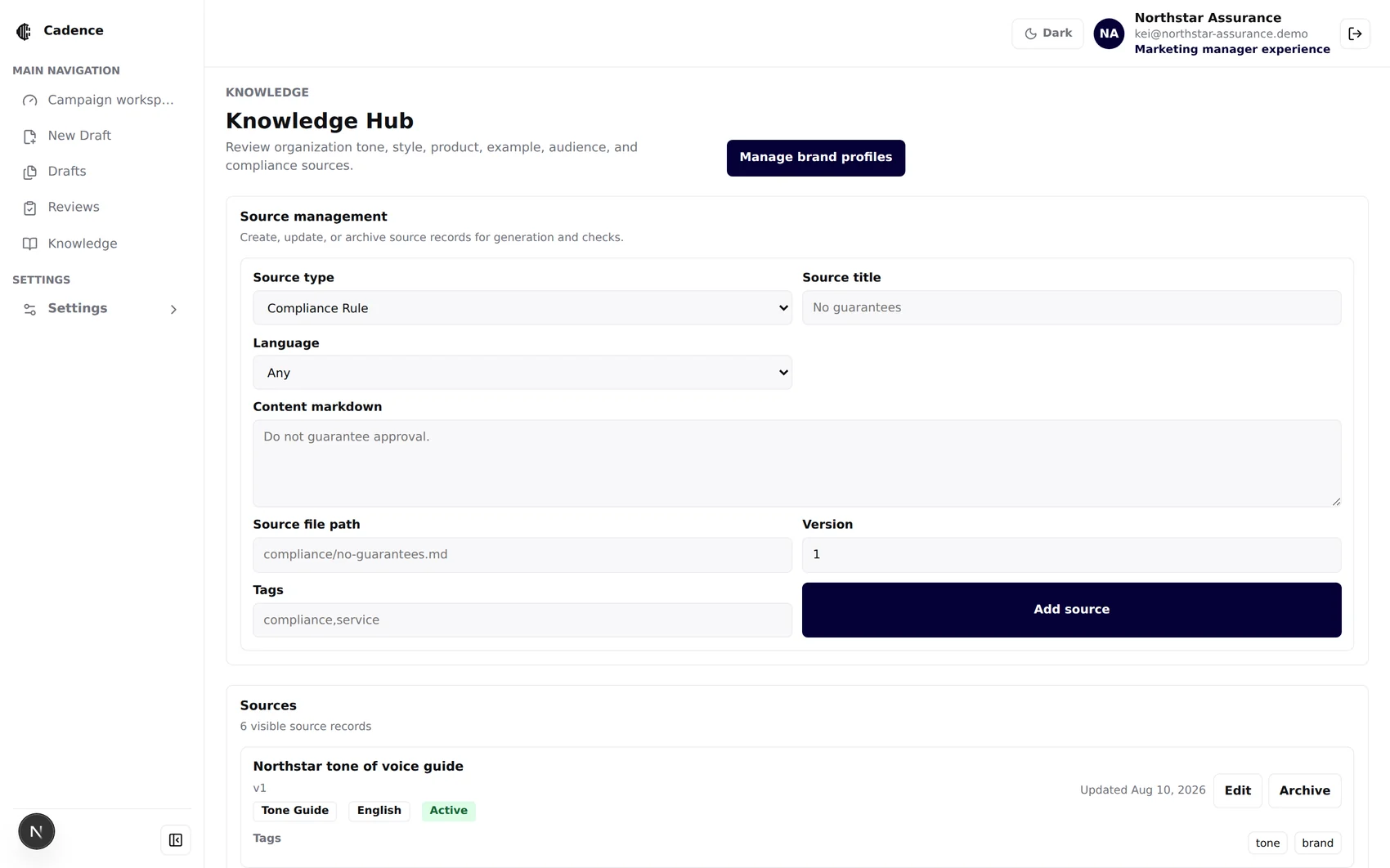 Knowledge Hub with source management form and organization source records