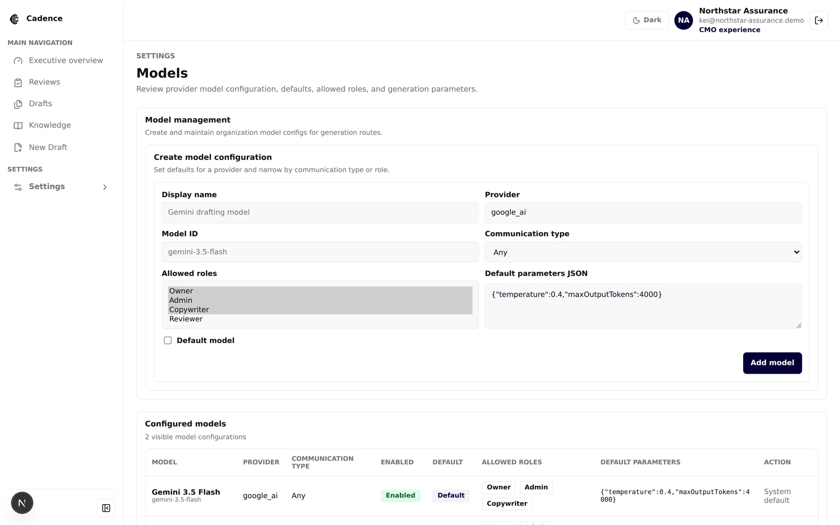 Model settings with model management form and configured models table showing provider, defaults, allowed roles and parameters