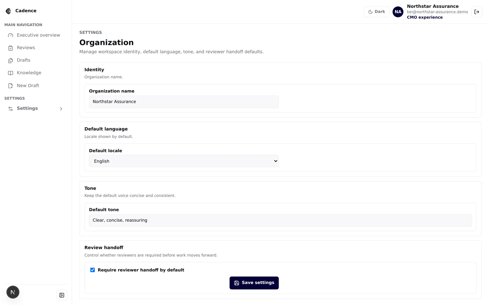 Organization settings with identity, default locale, default tone and reviewer handoff