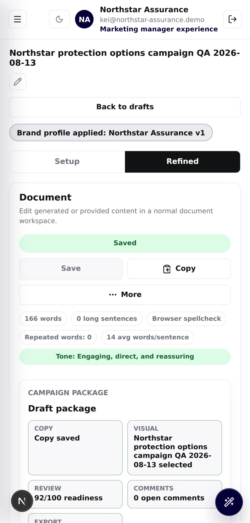 Draft workspace on a mobile viewport with Setup and Refined tabs