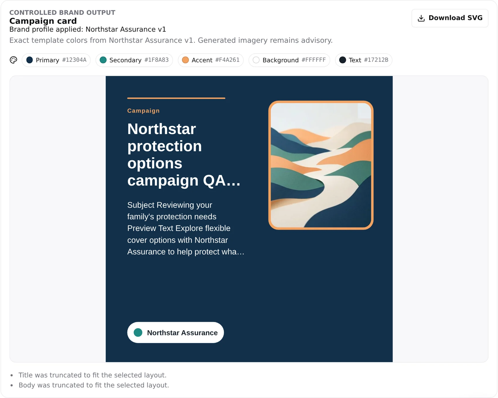 Controlled campaign card rendered in exact Northstar Assurance palette with the generated image inside the controlled image slot