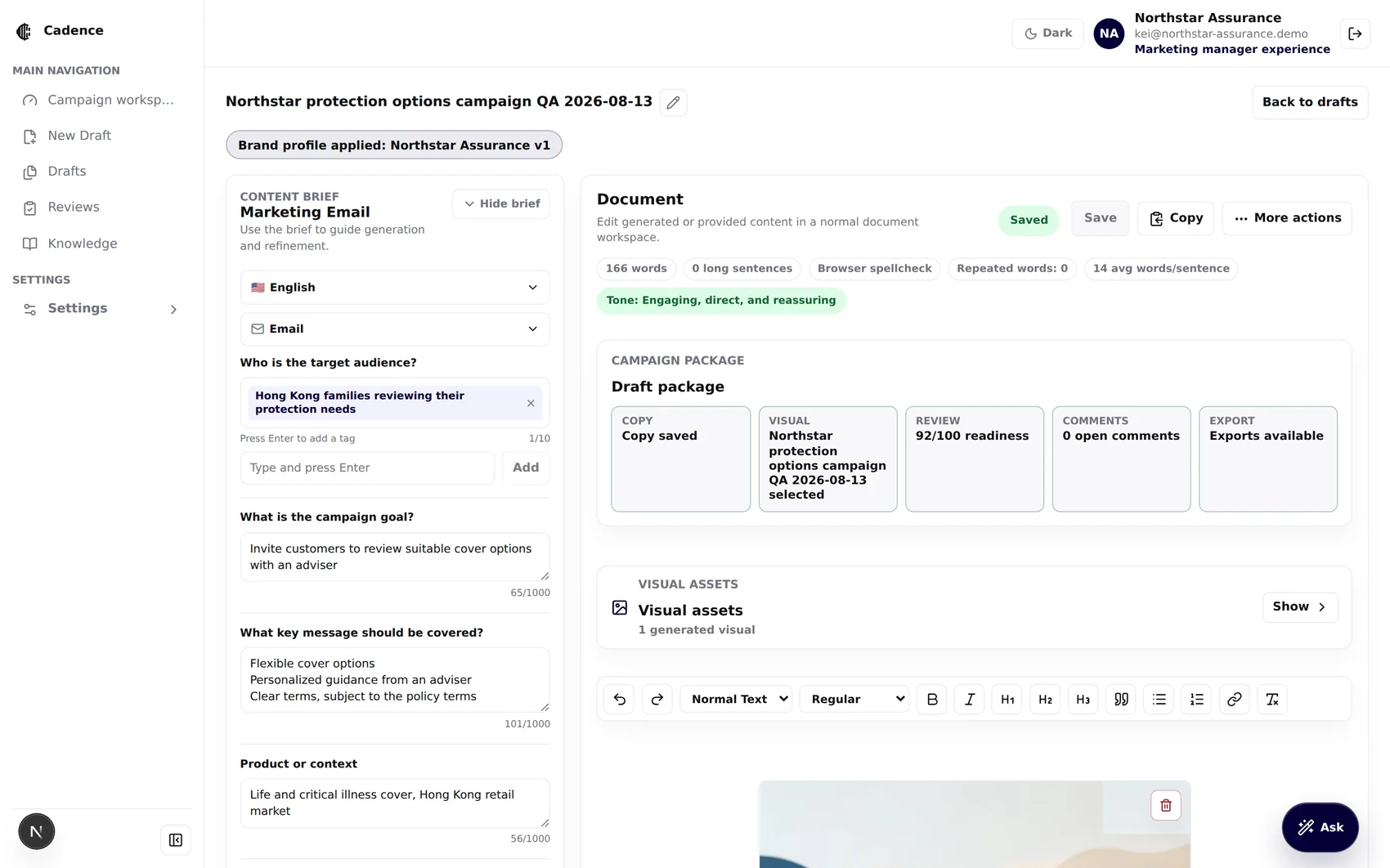 Expanded content brief with language and channel dropdowns, audience tag chips, campaign goal, key message and tone-and-focus picker