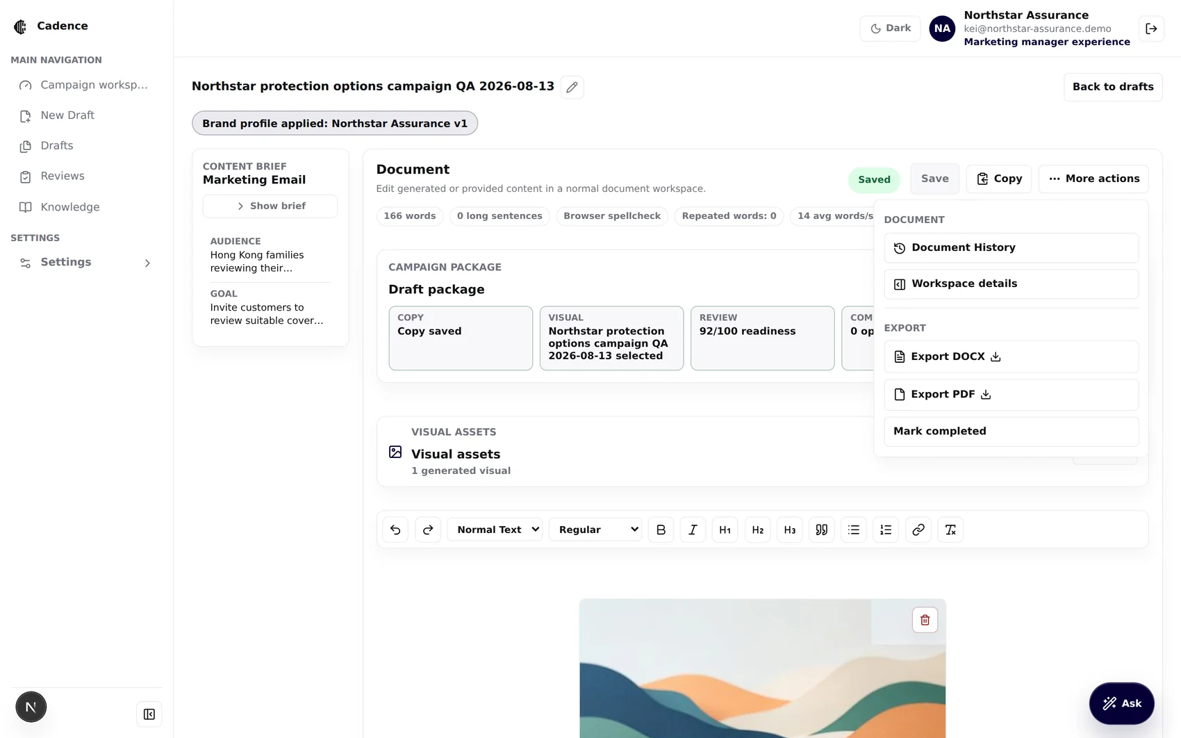 Captured More actions menu with document history, original content, workspace details and document exports