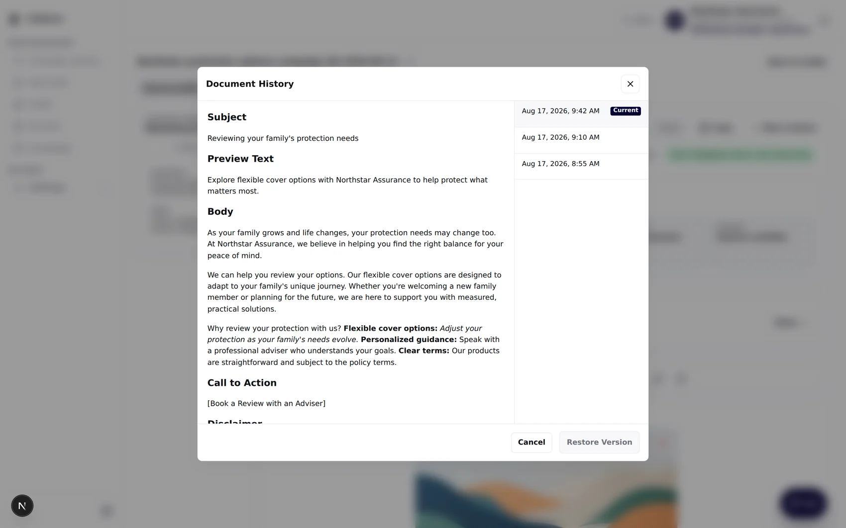 Document history modal with version list, preview and restore version action