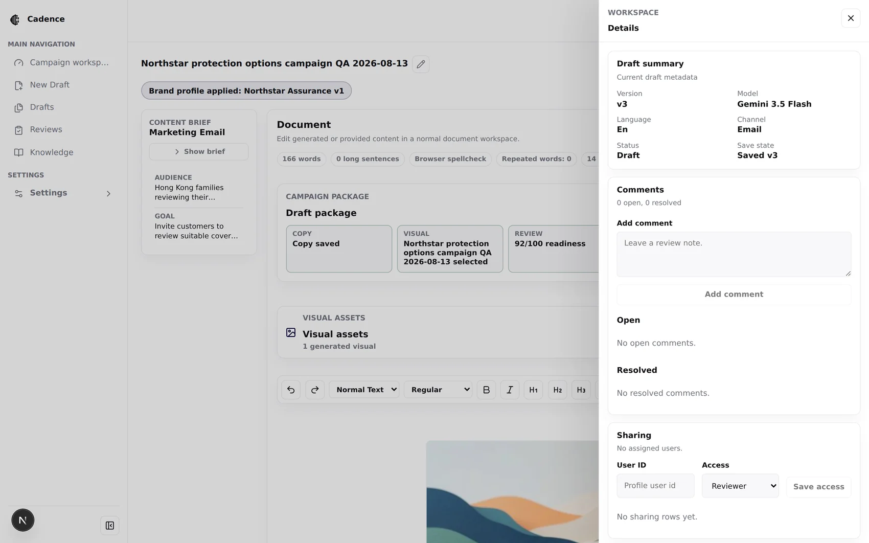 Workspace details drawer with draft summary, comments, access and versions panels