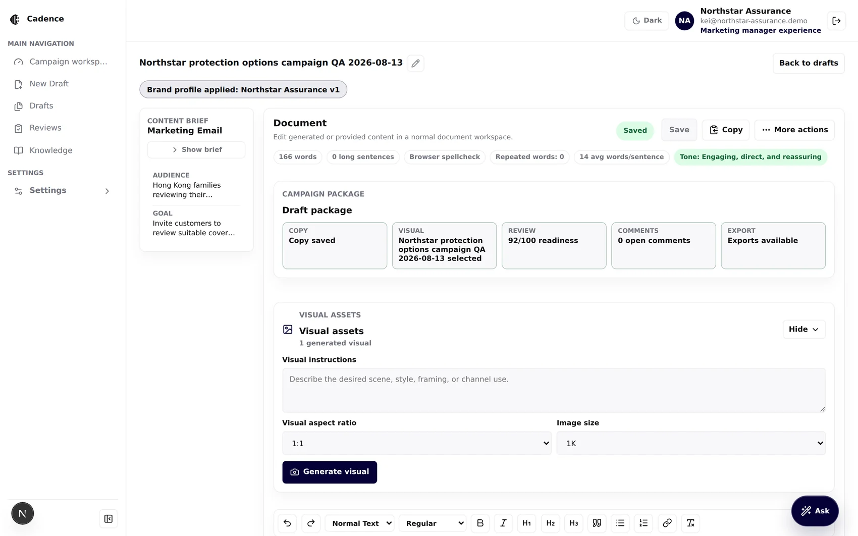 Visual assets panel with instructions, aspect ratio, image size and generate visual button