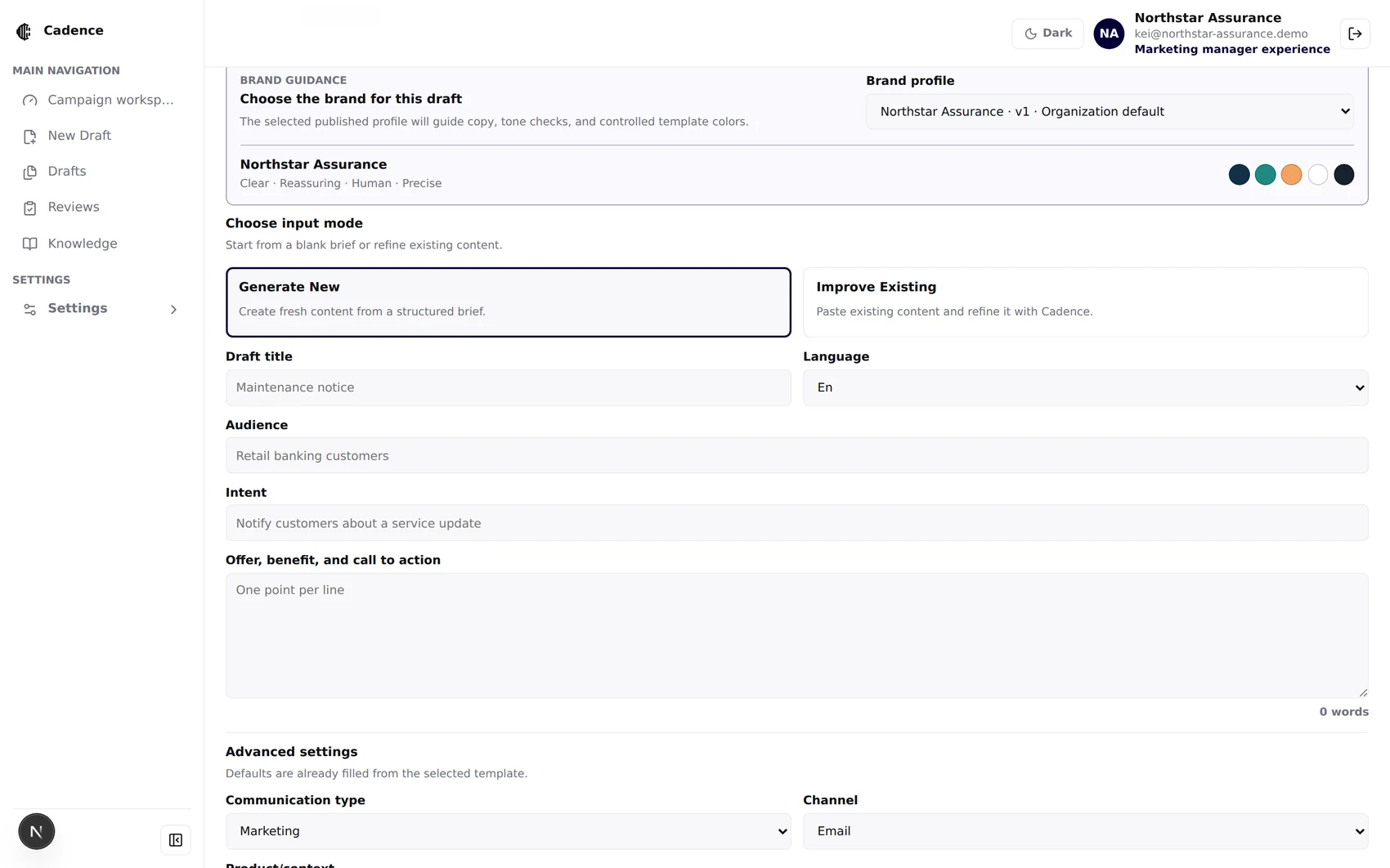 Advanced settings expanded showing communication type, channel, product context, tone, length, merge fields and model