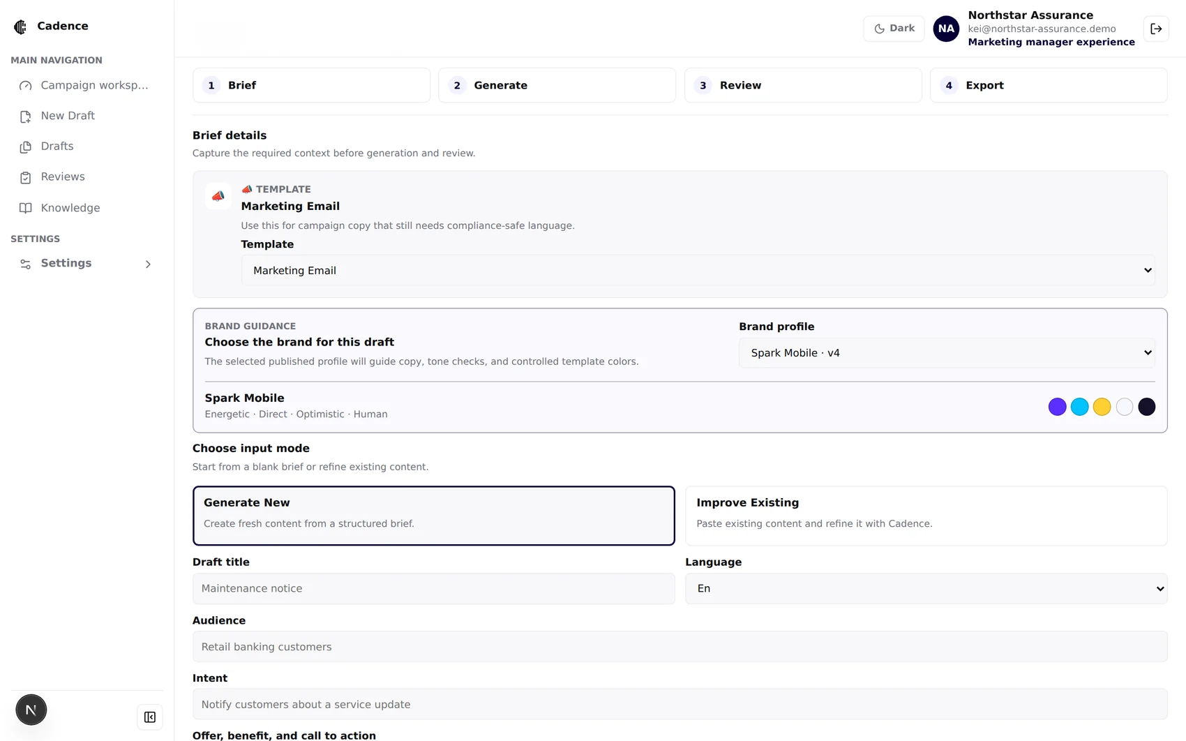 New draft brand profile selector switched from Northstar Assurance to Spark Mobile, showing its voice pillars and exact palette swatches