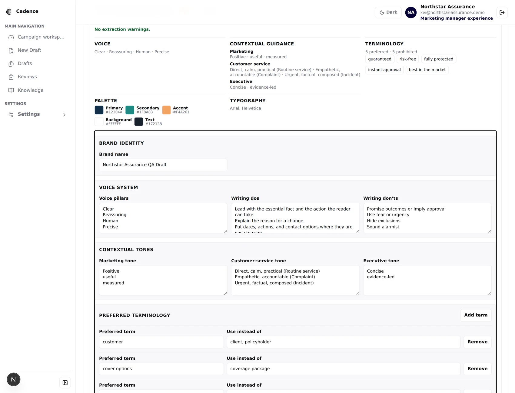 Editable brand profile review form — brand name, voice pillars, writing do and do-not lists, contextual tones, terminology, palette