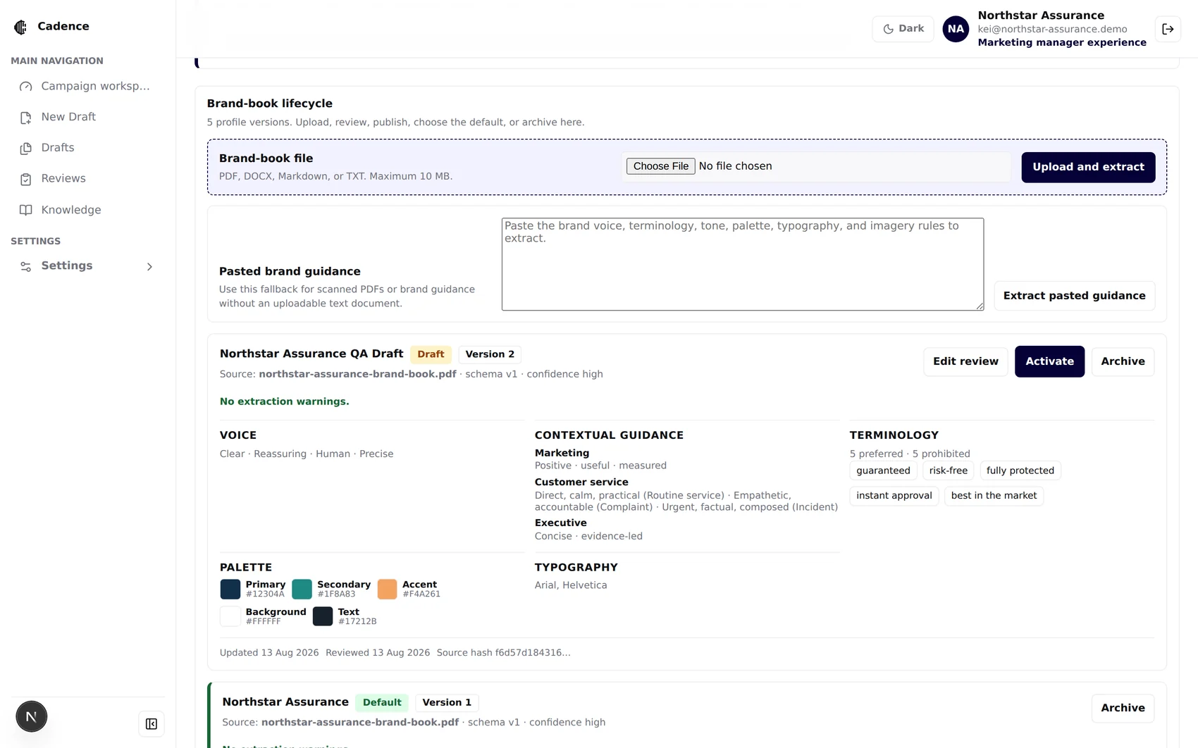 Brand-book lifecycle panel with file upload, pasted-guidance fallback, and profile versions
