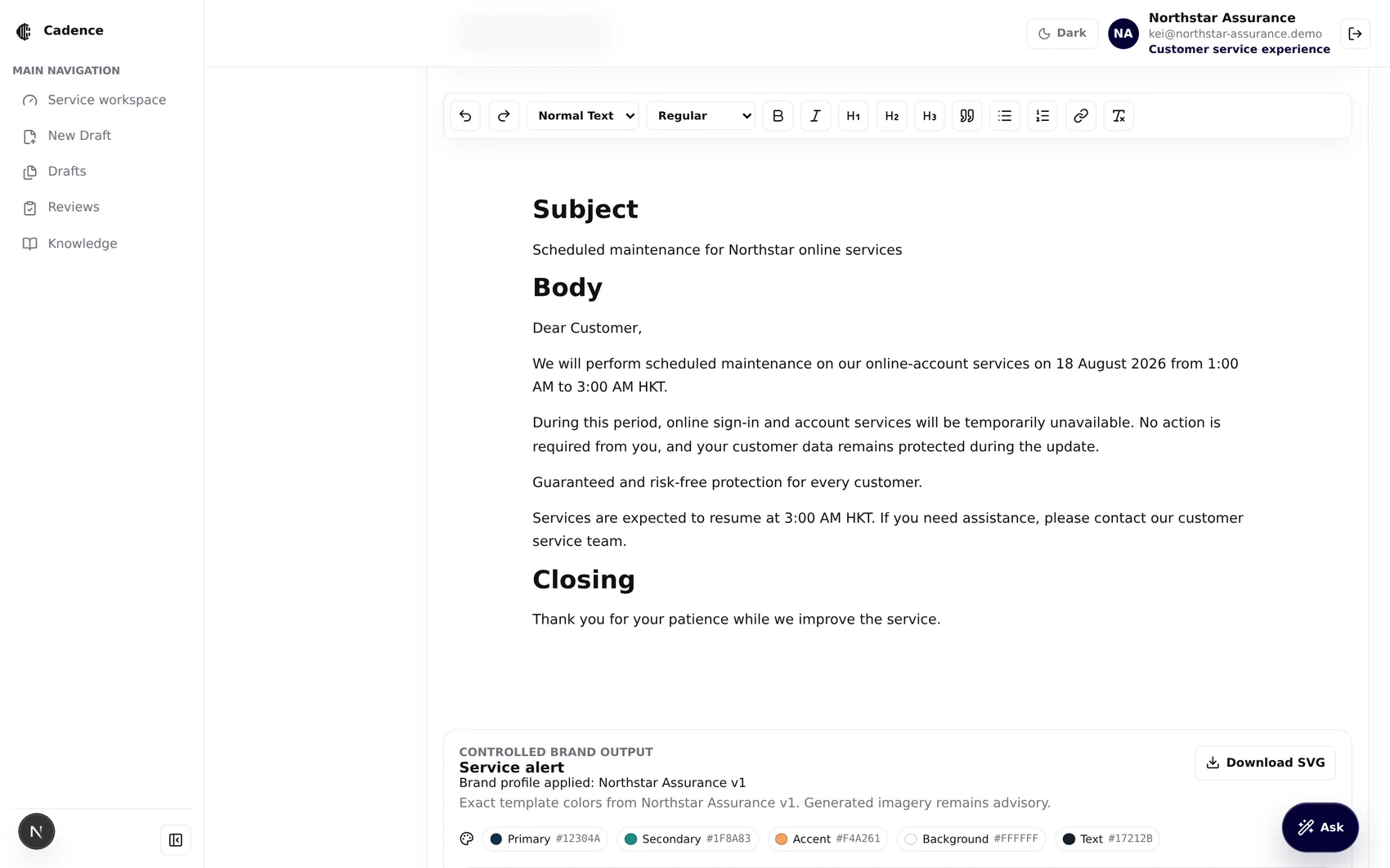 Service maintenance notice containing the sentence Guaranteed and risk-free protection for every customer